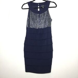 NWOT navy blue and metallic silver  & gold tone midi dress occasion wedding 8P